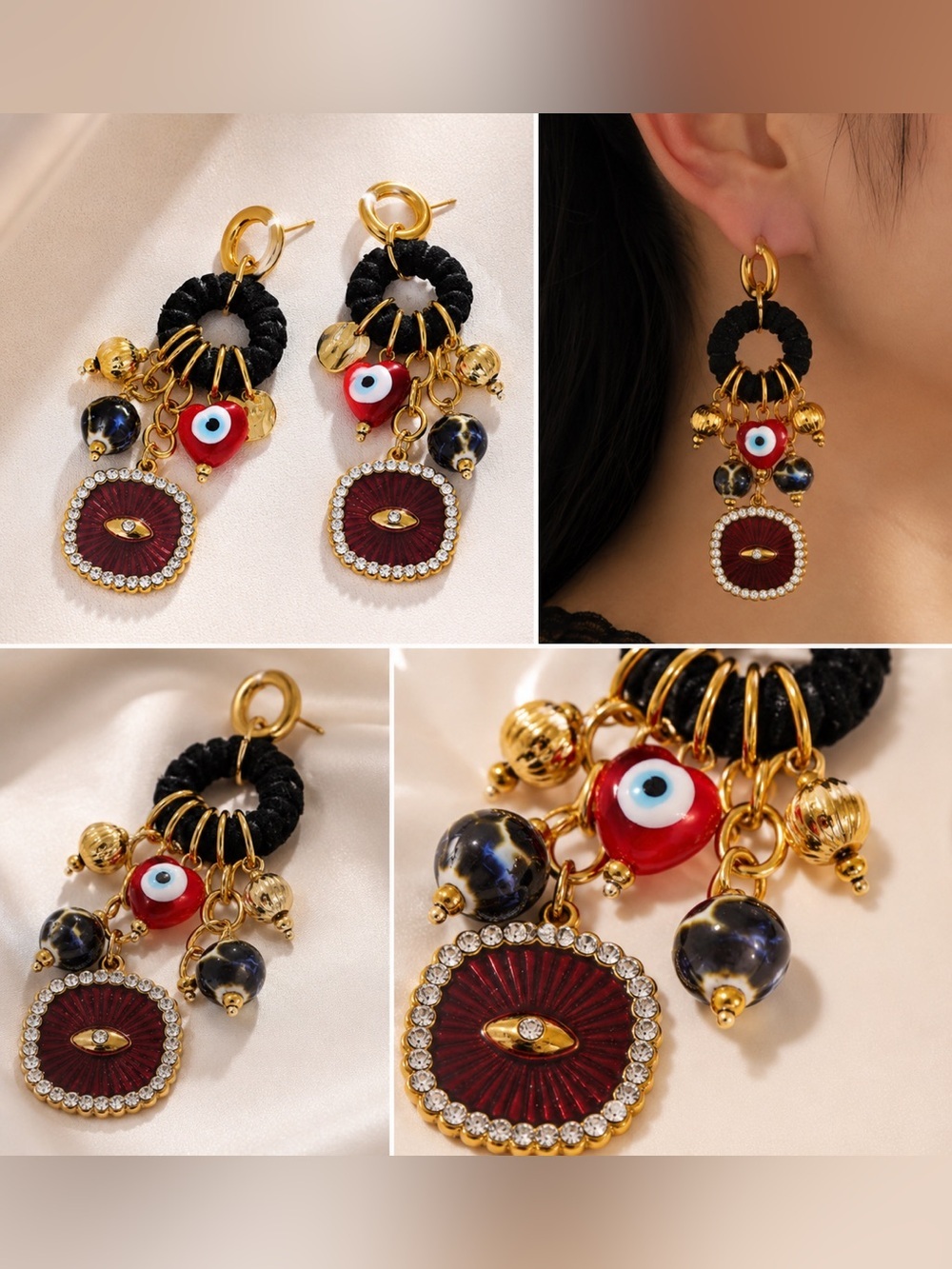 Evil Eye Charm Statement Earrings – Gold Tone Boho Earrings - Picture 3 of 9